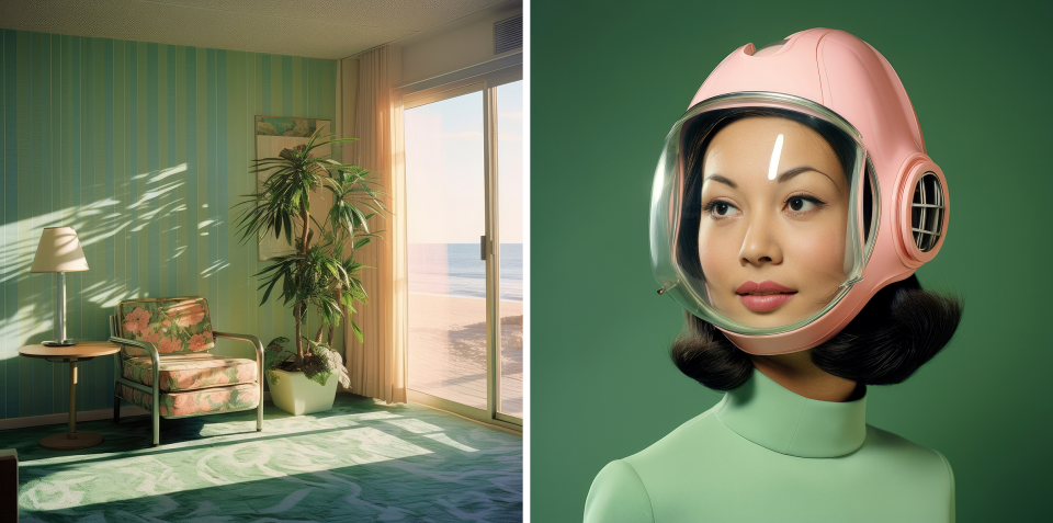 Seaside Rendezvous takes us into the artificial world of a small seaside town. On the portraits, we see persons with undefined face coverings. Are these mere accessories or is there a function? Do the